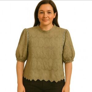 Kindred Green Eyelet Peasant Blouse With Balloon Sleeves Sz Sm